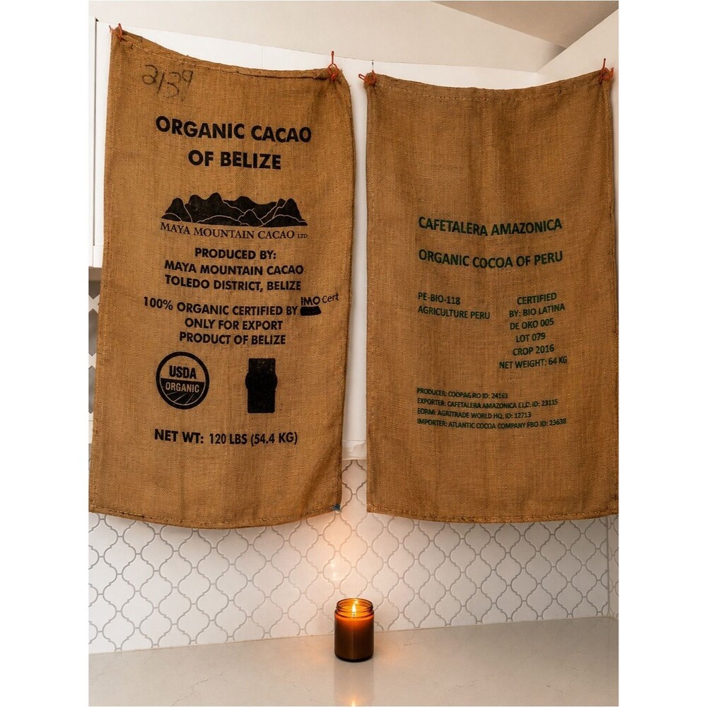 Rustic Organic Cacao Burlap Sack Wall Decor Set • Belize & Peru Coffee Bar Decor